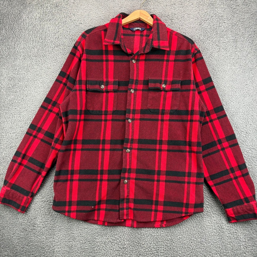 Chaps Mens Red Black Plaid Fleece Button Up Flannel Shirt Jacket Large L L/G